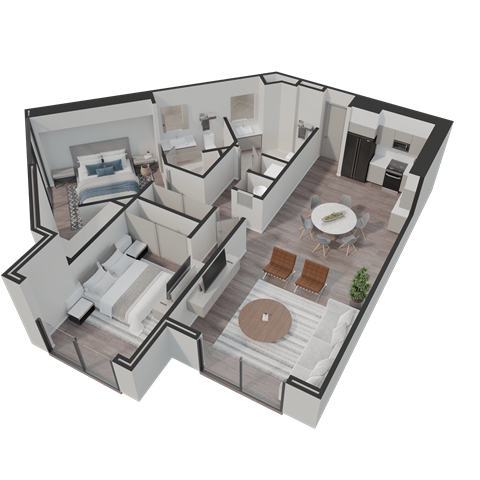 Floor plan for 2 beds, 2 baths, 1098 sqft